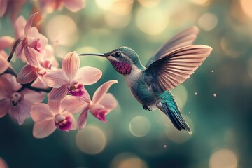 A vibrant hummingbird hovers near delicate pink orchids, showcasing a moment of serene natural beauty.