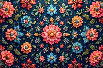 Intricate floral textile design, repeating motif, fabric, vintage, design element