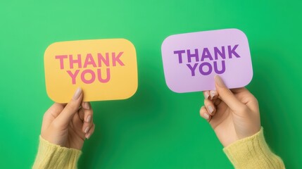 Two hands holding colorful thank you notes against a vibrant background.