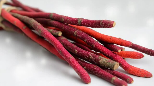 Close-up of bundle of brightly colored red branches tied with string on a white surface, artistic nature still life, organic botanical texture