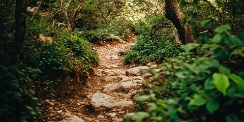 Fototapeta premium Serene Forest Path A Rocky Trail Winding Through Lush Green Foliage