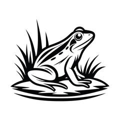 Simplified Black and White of a Frog Sitting Amongst Aquatic Plants
