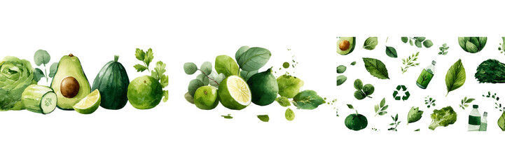 Fresh Green Vegetables and Fruits with Variations and Leaves