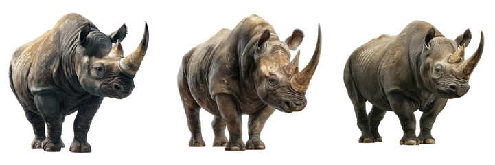 Naklejka premium Set of Black Rhinoceros with a prominent horn isolated on a transparent background