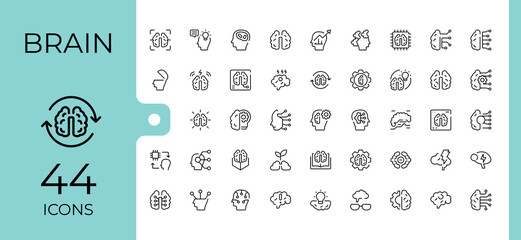Brain related icon set. Contains such icons as psychology, mental, storm, ai and more. Mental modern vector illustration. Head icon pack. Pixel perfect. Vector collections.