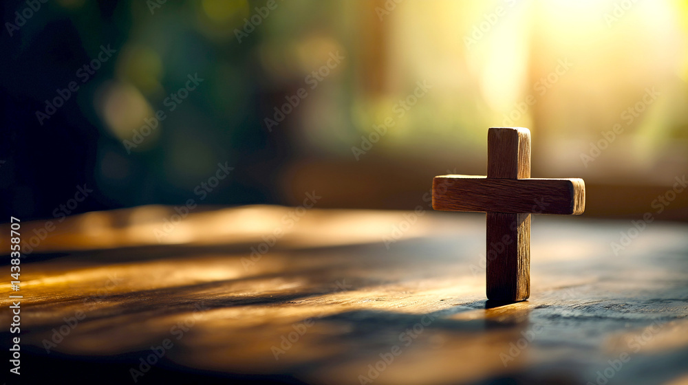 Aufkleber Elegant wooden cross on a table illuminated by soft sunlight creating a serene atmosphere : Generative AI