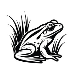 Stylized Frog Silhouette in Grass, Clean Black and White Design