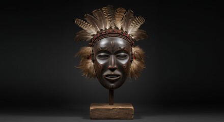 African Mask with Feathers on Stand