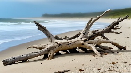 Coastal Driftwood Sculpture - Abstract Natural Art on Sandy Beach for Travel and Meditation Themes, Coastal Landscape