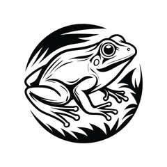 Detailed Monochrome Frog Silhouette, Circular of Leaves, Nature Design Element