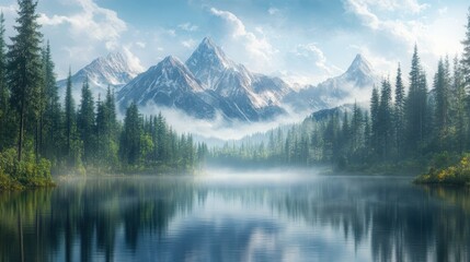 Fototapeta premium A serene lake surrounded by dense pine forests and tall mountains, mist rising from the water, peaceful wilderness scene
