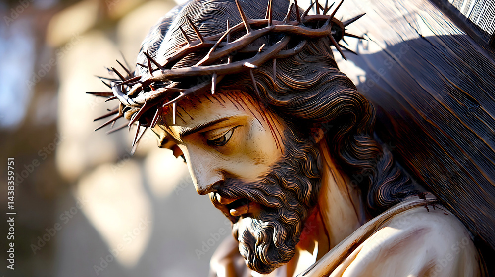 Poster detailed closeup of a religious sculpture depicting jesus with a crown of thorns showcasing deep emo