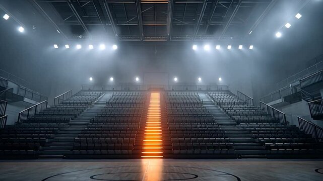 Empty arena with tiered seating illuminated by bright stage lights