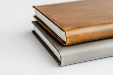Obraz premium Two leather-bound notebooks stacked, showcasing elegant design and texture.