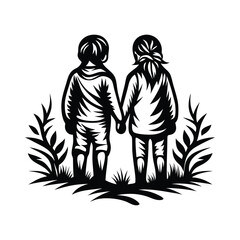 Black Silhouette of Two Children Holding Hands, Surrounded by Plants and Grass