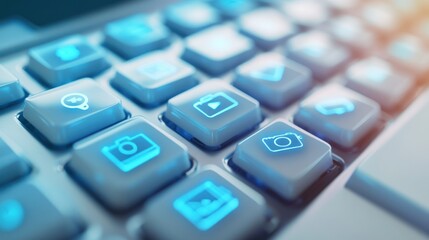 Digital media keyboard close-up, glowing icons, content creation