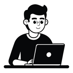 Outline Man with Glasses Using Laptop. Minimalist, Black and White