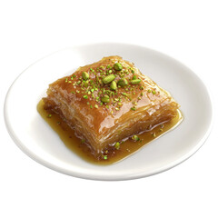 Delicious Baklava Dessert with Honey and Pistachios on a White Plate on transparent background