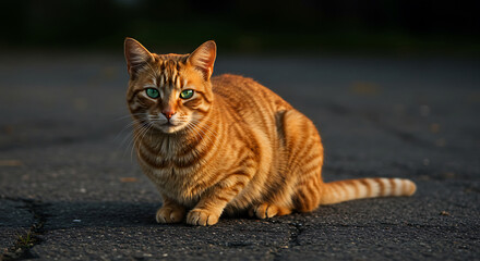 Orange tabby cat sitting and looking at camera, outdoor portrait on asphalt suitable for pet blogs, nature content, and animal welfare visuals
