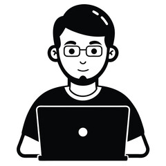 Monochrome Cartoon Man with Glasses Using Laptop, Simple Bold Outline Style Design