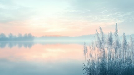 Obraz premium A tranquil lake scene at dusk, soft colors of the sky reflecting on the still water, peaceful and calming outdoor environment