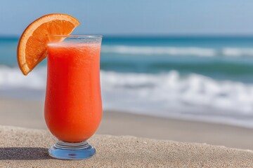Obraz premium Single orange slushy cocktail in tall glass with straw placed on beach sand near ocean surf in warm daylight with tropical vacation atmosphere
