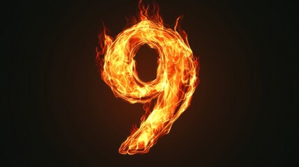 Fiery number nine on dark background, abstract design