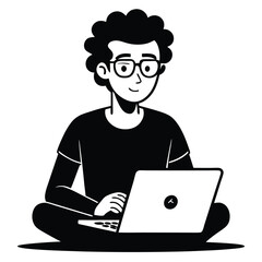 Minimalist Line Art Man with Laptop, Crosslegged Pose, Curly Hair, Glasses, Black&White
