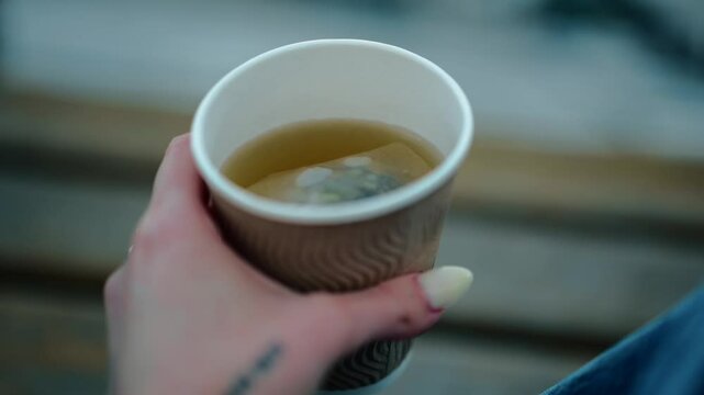 Tea bag in a disposable cup with hot water.
Tea leaves in a mug.
Girl drinking tea.
Close-up of a tea bag.
Hot drink