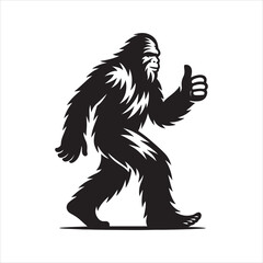 Obraz premium Black and white silhouette of Bigfoot walking confidently and giving a thumbs-up