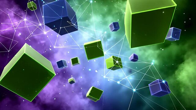 Floating cubes amidst a connected, colorful nebula backdrop