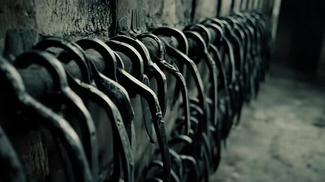 A long row of iron implements hanging in a dark, weathered setting, conveying an antique and textured metallic industrial pattern.