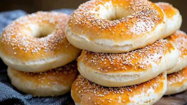 Six doughnuts with a glossy glaze and nuts sprinkled on top. They are stacked in a pile, ready for serving at an event or as a morning pastry.