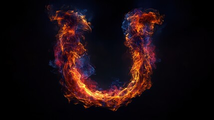 Fiery letter U, burning, dark background, alphabet, design