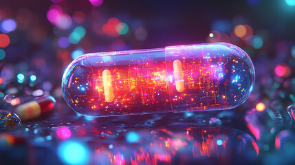 Futuristic medical capsule with digital circuitry showcasing advanced pharmaceutical technology