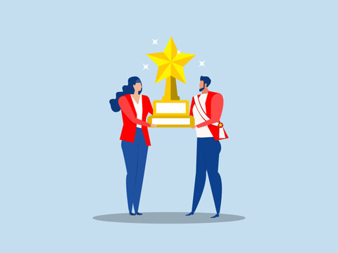 businesswoman boss giving golden star badge to winning employee.Employee award recognition, top star performer of the month, best sales champion or certificate vector