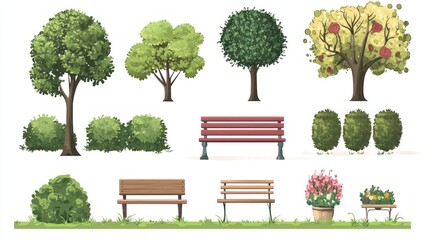 Fototapeta premium Collection of city park landscapes with benches, bushes, and decorative trees on white background.