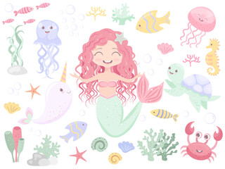 Vector set of sea elements with sea animals and mermaid © Tatiana