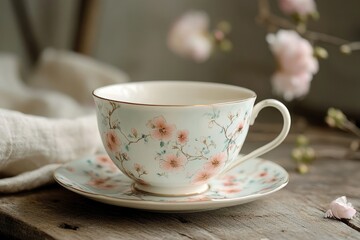 Fototapeta premium Elegant teacup and saucer with delicate floral design, perfect for a relaxing afternoon tea.