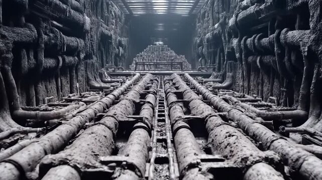 Industrial passageway with pipes converging in a textured concrete tunnel, showcasing an underground infrastructure with a sense of depth
