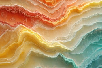 Abstract layered landscape with warm and cool color gradients, resembling folded fabric or geological formations.