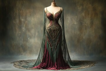 Ornate, beaded, crimson gown with long teal fringe; a masterpiece of haute couture design.