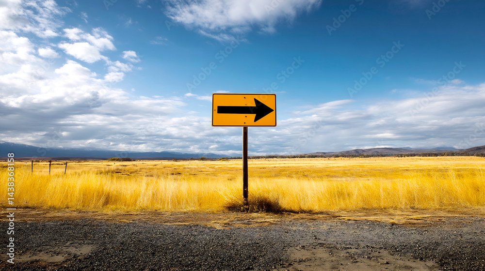 Aufkleber Traffic sign pointing right on an empty road with blue sky and clouds : Generative AI