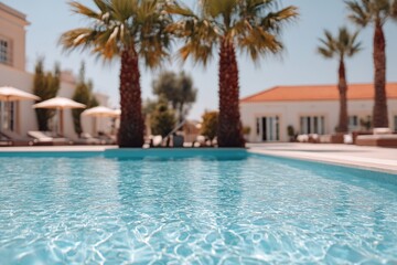 Luxury resort poolside with bright blue water palm trees and sun loungers in tropical vacation destination outdoor sunlight emphasizing relaxation and leisure travel