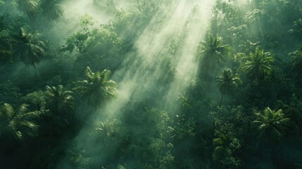 Obraz premium A breathtaking aerial shot of a dense tropical rainforest, mist rising from the treetops, wildlife visible from above