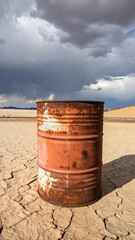 Naklejka premium Rusty metal barrel on dry cracked desert ground under stormy sky