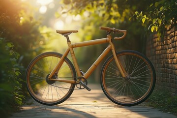 Fototapeta premium A stylish bamboo bicycle stands on a sunlit path, showcasing sustainable design and eco-friendly transportation.
