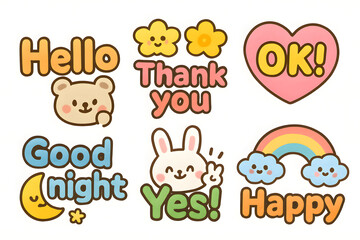 Obraz premium Cute Sticker Greetings: A collection of cheerful stickers, each conveying a positive message with adorable cartoon characters. Featuring 