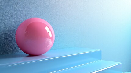 Pink sphere on blue steps, minimalist backdrop