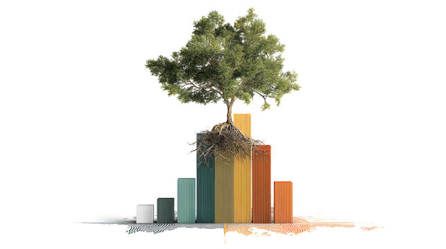 A striking fusion of nature and data, showcasing a tree growing from colorful bar graphs, symbolizing growth and sustainability.
